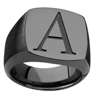 Large Cushion signet ring (18x18mm) in Zirconium, with a Wide style band and a Book Antiqua 1 engraving.