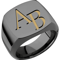 Large Cushion signet ring (18x18mm) in Zirconium, with a Wide style band and a Book Antiqua 2 engraving.