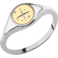 Small Circle signet ring (10mm) in Palladium Silver, with a Thin style band, a 18K Yellow Gold inlay and a TWINKLE2 engraving.