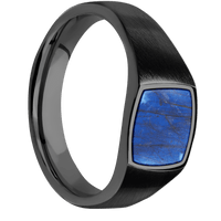 Small Cushion signet ring (10x10mm) in Zirconium, with a Wide style band, a Labradorite inlay.