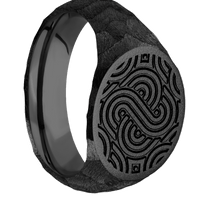 Medium Horizontal Oval signet ring (16x13mm) in Zirconium, with a Wide style band and an Abstract 1 engraving.