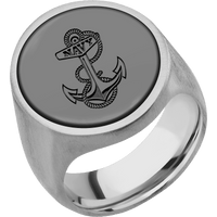 Extra Large Oval signet ring (24x20mm) in Platinum, with a Wide style band, a Zirconium inlay and a Navy Anchor engraving.