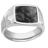 Medium Cushion signet ring (14x14mm) in 14K White Gold, with a Wide style band, a Forged Carbon Fiber inlay.