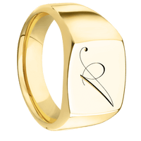Medium Cushion signet ring (14x14mm) in 10K Yellow Gold, with a Wide style band and a Kunstler Script 1 engraving.