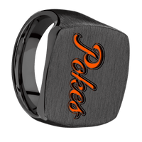 Extra Large Cushion signet ring (22x22mm) in Zirconium, with a Thin style band and an Oklahoma State Script Filled-in Pokes engraving.
