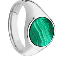 Medium Circle signet ring (14mm) in Palladium Silver, with a Wide style band, a Malachite inlay.