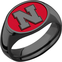 Medium Horizontal Oval signet ring (16x13mm) in Zirconium, with a Wide style band and a Nebraska Block N Rev engraving.