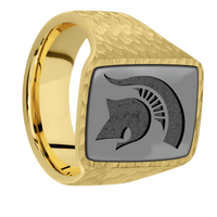 Large Rectangle signet ring (20x14.5mm) in 18K Yellow Gold, with a Wide style band, a Zirconium inlay and a Michigan State Spartan Helmet engraving.