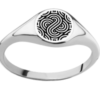 Small Circle signet ring (10mm) in Platinum, with a Thin style band and an Abstract 1 engraving.