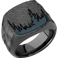 Large Cushion signet ring (18x18mm) in Zirconium, with a Wide style band and a Trees engraving.