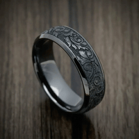 Black Titanium or Black Zirconium Custom Men's Ring with Vintage Floral Design