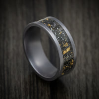 Tungsten Men's Ring with Black Sand with Gold and Meteorite Flakes Inlay