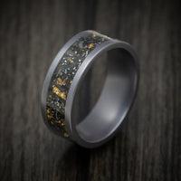 Tungsten Men's Ring with Black Sand with Gold and Meteorite Flakes Inlay