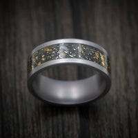 Tungsten Men's Ring with Black Sand with Gold and Meteorite Flakes Inlay