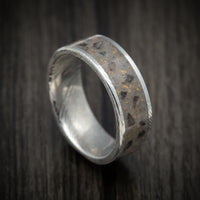 Damascus Steel Men's Ring Tan Sand and Black Dinosaur Bone with Gold Flakes Inlay