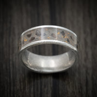 Damascus Steel Men's Ring Tan Sand and Black Dinosaur Bone with Gold Flakes Inlay