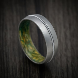 Cobalt Chrome Men's Ring with Guitar String Inlay and Green Burl Wood Sleeve
