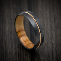 Black Zirconium Men's Ring with Guitar String Inlay and Wood Sleeve