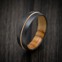 Black Zirconium Men's Ring with Guitar String Inlay and Wood Sleeve