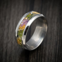 Titanium Men's Ring with Purple Flowers, Moss and Gold Flake Inlay