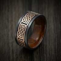 Black Titanium or Black Zirconium Custom Men's Ring with 14K Gold Celtic Knot and Wood Sleeve