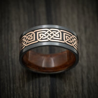 Black Titanium or Black Zirconium Custom Men's Ring with 14K Gold Celtic Knot and Wood Sleeve