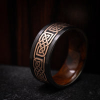 Black Titanium or Black Zirconium Custom Men's Ring with 14K Gold Celtic Knot and Wood Sleeve