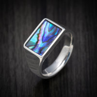 Palladium Silver Medium Signet Ring with Abalone Inlay
