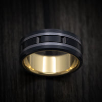 Black Titanium and Tantalum Men's Ring with Carbon Fiber Accents and 14K Gold Sleeve