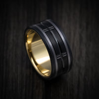 Black Titanium and Tantalum Men's Ring with Carbon Fiber Accents and 14K Gold Sleeve