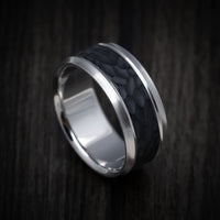 14K Gold Men's Ring with Hammered Carbon Fiber Inlay