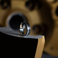 Darkened Tantalum Ring with Supercar Ron Authentic Supercar Wheel Inlay and 10K Gold Sleeve