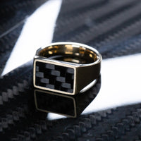 10K Gold Signet Ring with Supercar Ron Authentic Hypercar Carbon Fiber Inlay