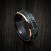 Black Titanium or Black Zirconium Men's Ring with Half Eternity Green Diamonds and 14K Gold Edges