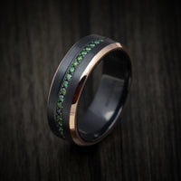 Black Titanium or Black Zirconium Men's Ring with Half Eternity Green Diamonds and 14K Gold Edges