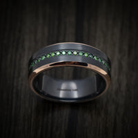 Black Titanium or Black Zirconium Men's Ring with Half Eternity Green Diamonds and 14K Gold Edges
