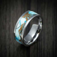 Tungsten Men's Ring with Blue and White Dolamite Stone and Bronze Inlay