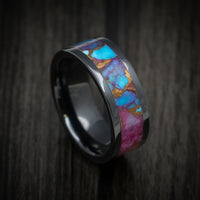 Black Ceramic Men's Ring with Purple Spiny Oyster with Turquoise Stone and Bronze Inlay