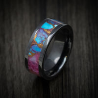 Black Ceramic Men's Ring with Purple Spiny Oyster with Turquoise Stone and Bronze Inlay