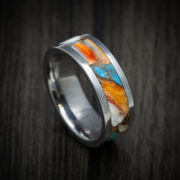 Tungsten Men's Ring with Spiny Oyster with Turquoise Stone and Bronze Inlay