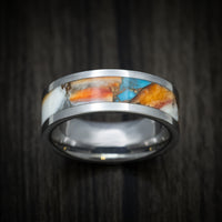 Tungsten Men's Ring with Spiny Oyster with Turquoise Stone and Bronze Inlay