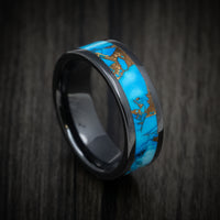 Black Ceramic Men's Ring with Blue Dolamite Stone and Bronze Inlay