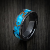 Black Ceramic Men's Ring with Blue Dolamite Stone and Bronze Inlay