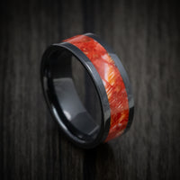 Black Ceramic Men's Ring with Red Spiny Oyster Stone Inlay