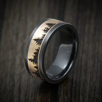 Black Titanium or Black Zirconium Custom Men's Ring with Spruce Pine Tree Design on a Gold Inlay