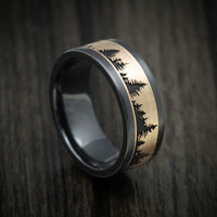 Black Titanium or Black Zirconium Custom Men's Ring with Spruce Pine Tree Design on a Gold Inlay