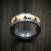 Black Titanium or Black Zirconium Custom Men's Ring with Spruce Pine Tree Design on a Gold Inlay