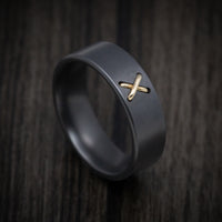 Black Zirconium Men's Ring with 14K Gold Stitch Design