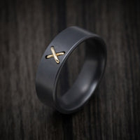 Black Zirconium Men's Ring with 14K Gold Stitch Design