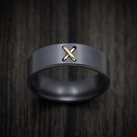 Black Zirconium Men's Ring with 14K Gold Stitch Design